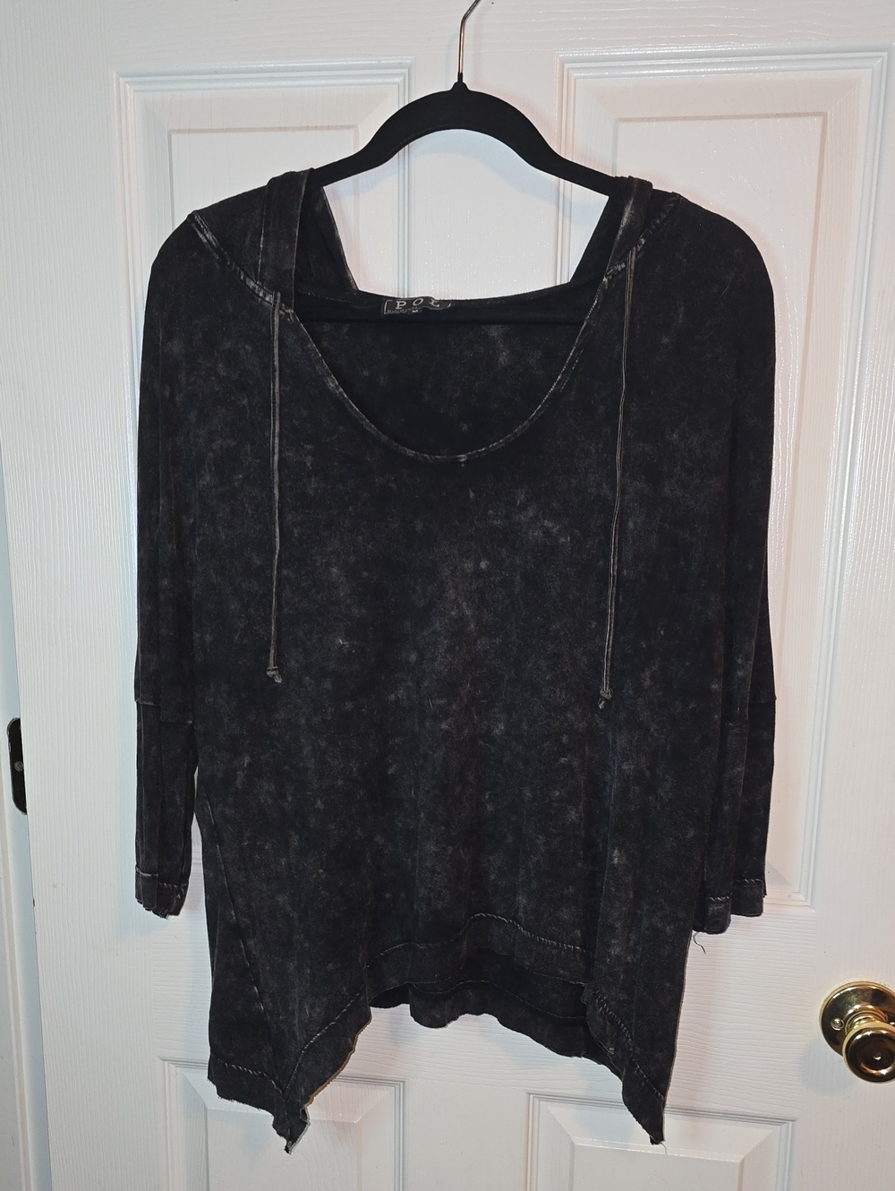 POL Washed Black Scoop-Neck Hoodie with Drawcords
